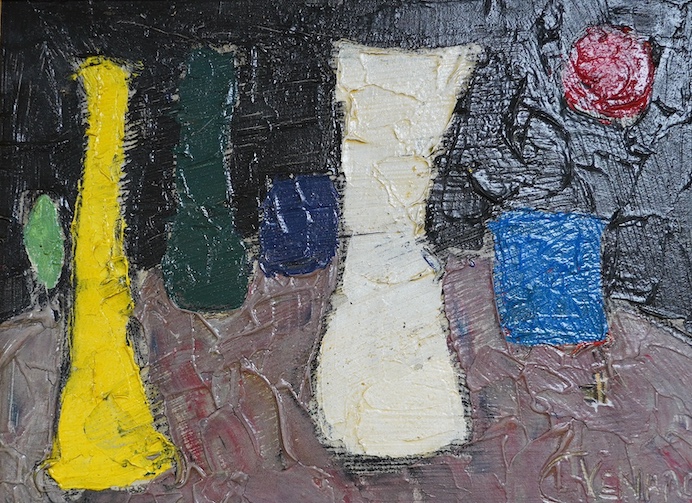 A decorative impasto oil on canvas, Abstract composition, Still life of vessels, signed 29 x 39cm. Condition - good